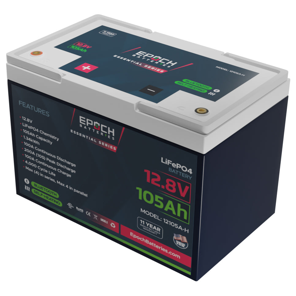 12V 105Ah (1.34kWh) Essential Series - Bluetooth & Heated LiFePO4 Battery SKU: 12105A-H