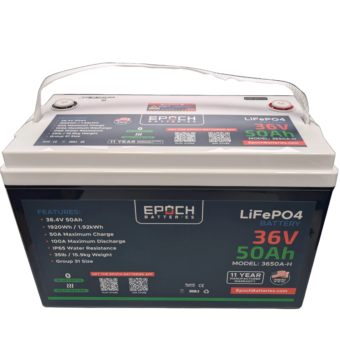 36V 50Ah (1.92kWh) Essential Series - Bluetooth & Heated LiFePO4 Battery SKU: 3650A-H