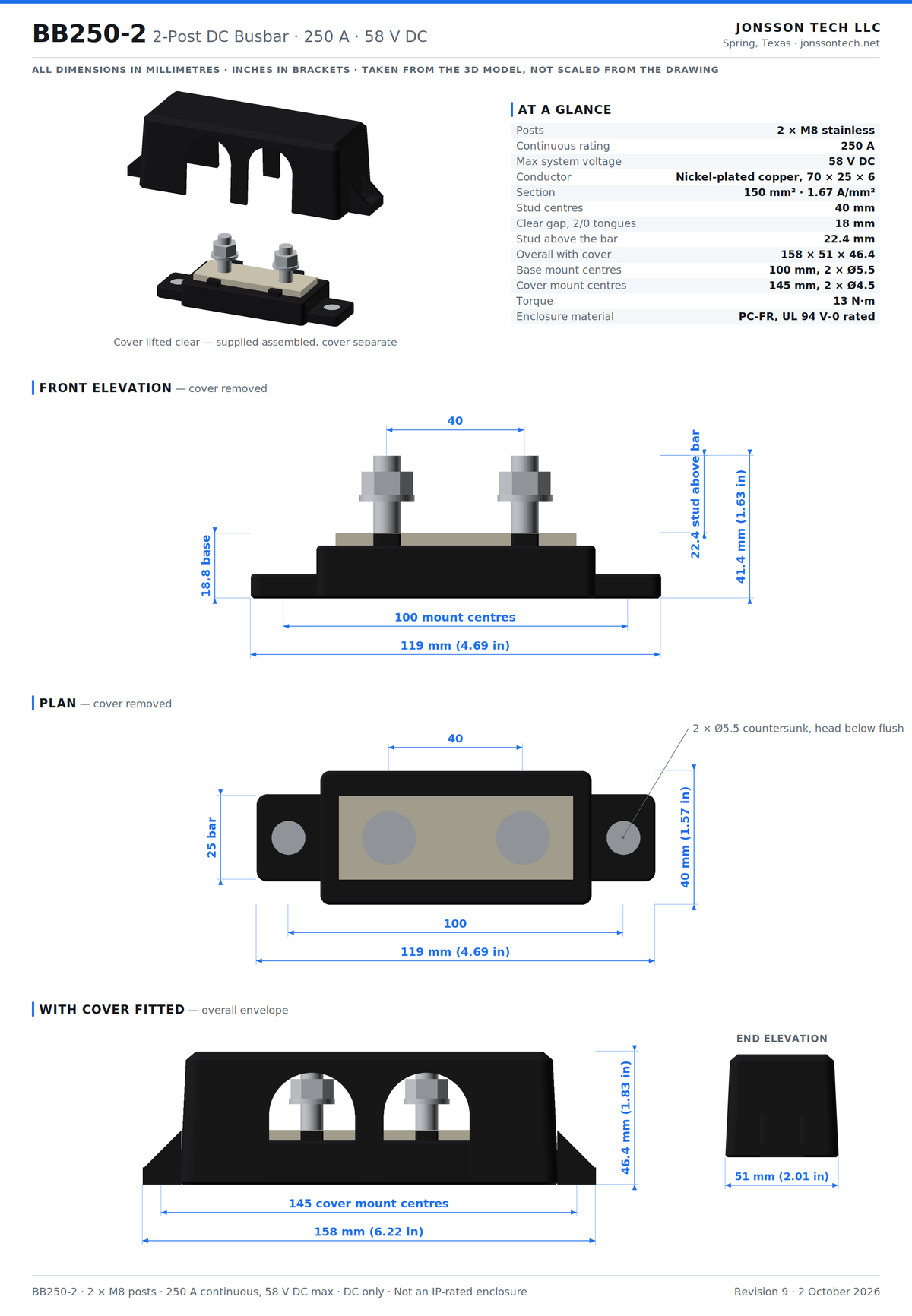 Jonsson Tech BB250-2 | 250A 58VDC Busbar — 2 × M8 Posts, 150 mm² Nickel-Plated Copper, V-0 Cover