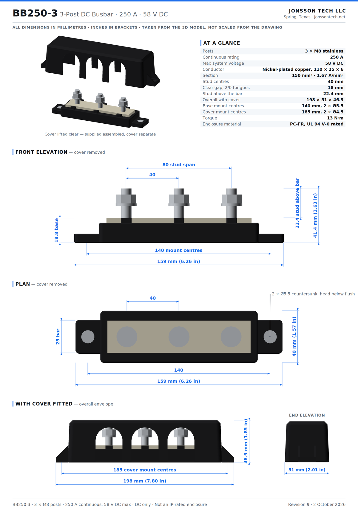 Jonsson Tech BB250-3 | 250A 58VDC Busbar — 3 × M8 Posts, 150 mm² Nickel-Plated Copper, V-0 Cover