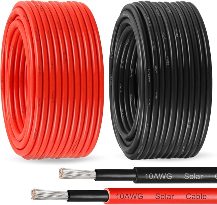 Red and black 10 AWG UL-rated solar PV cable coils with tinned copper stranded conductors