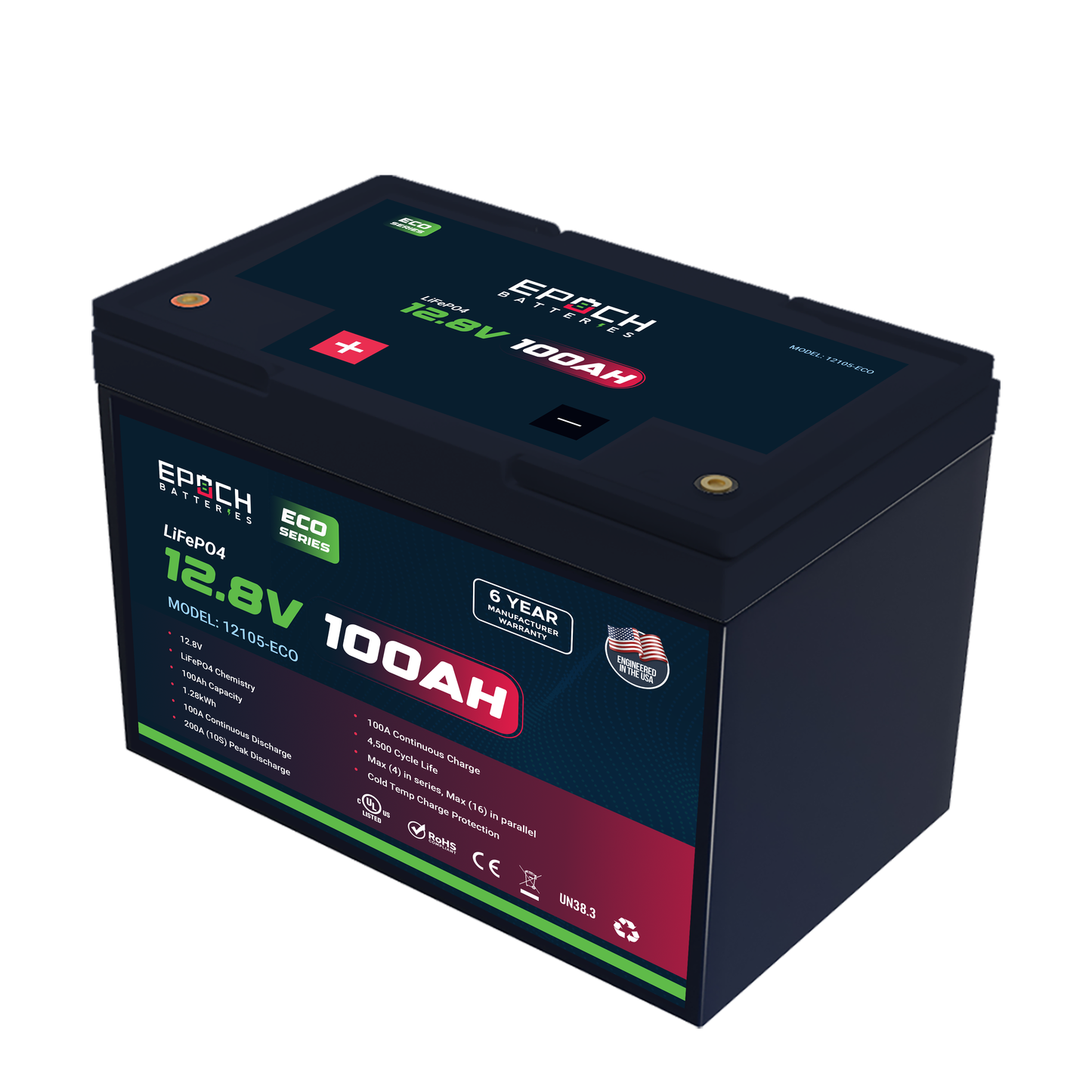 12V 100Ah (1.28kWh) - Eco Series LiFePO4 Battery SKU: 12100-ECO