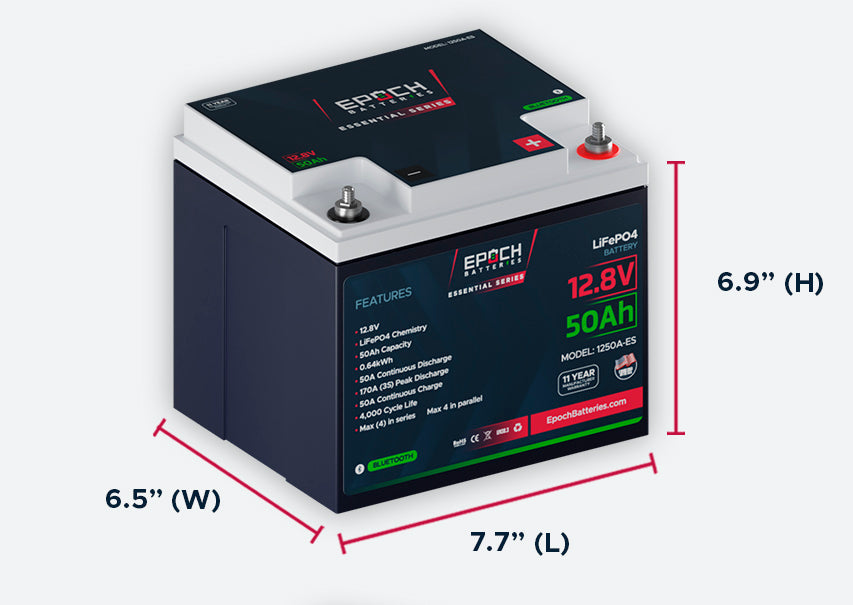 12V 50Ah (0.64kWh) Essential Series - Bluetooth LiFePO4 Battery SKU: 1250A-ES