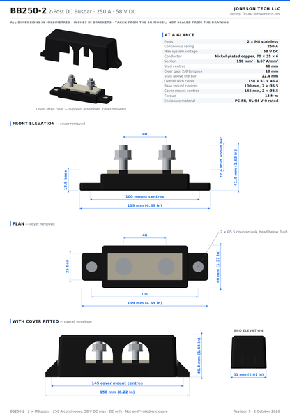 Jonsson Tech BB250-2 | 250A 58VDC Busbar — 2 × M8 Posts, 150 mm² Nickel-Plated Copper, V-0 Cover