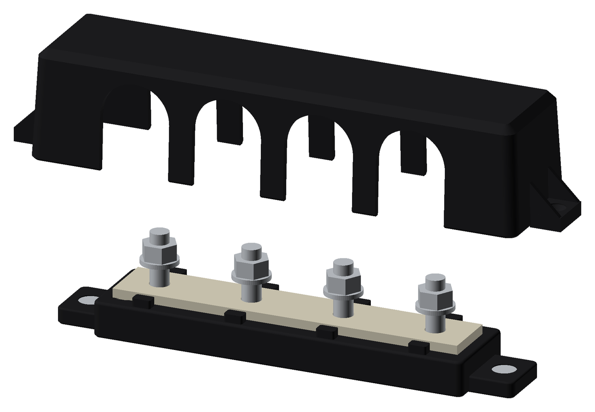 Jonsson Tech BB250-4 | 250A 58VDC Busbar — 4 × M8 Posts, 150 mm² Nickel-Plated Copper, V-0 Cover