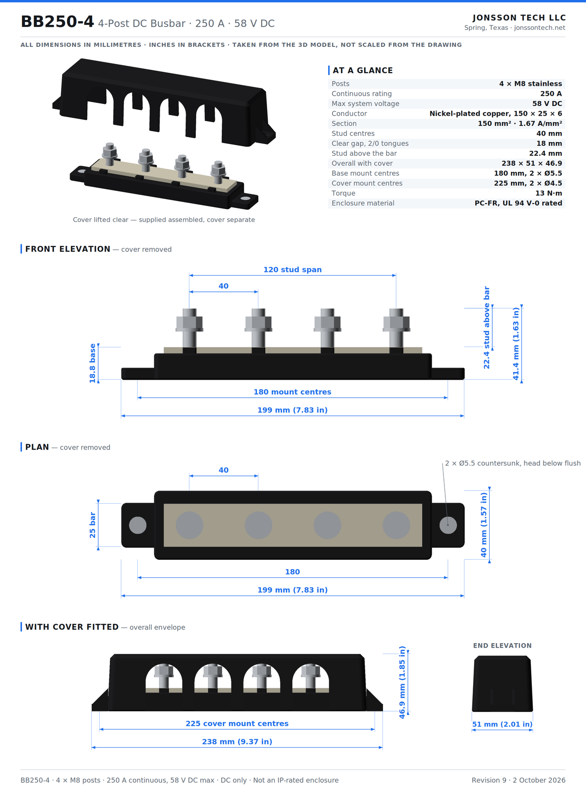 Jonsson Tech BB250-4 | 250A 58VDC Busbar — 4 × M8 Posts, 150 mm² Nickel-Plated Copper, V-0 Cover