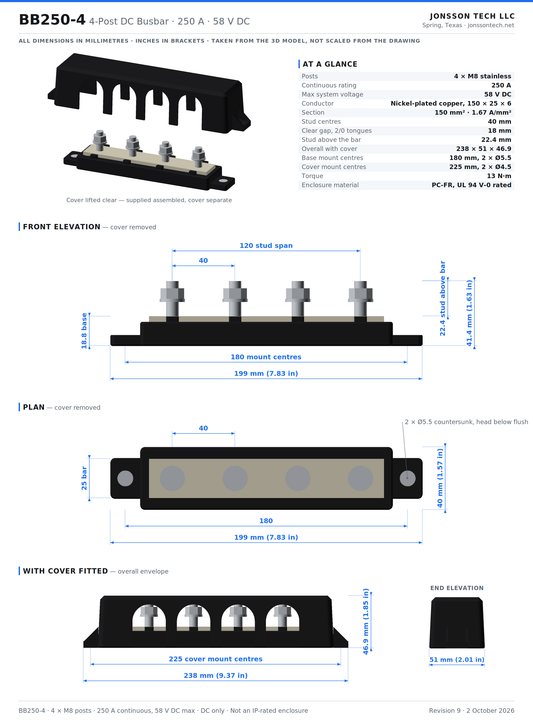 Jonsson Tech BB250-4 | 250A 58VDC Busbar — 4 × M8 Posts, 150 mm² Nickel-Plated Copper, V-0 Cover