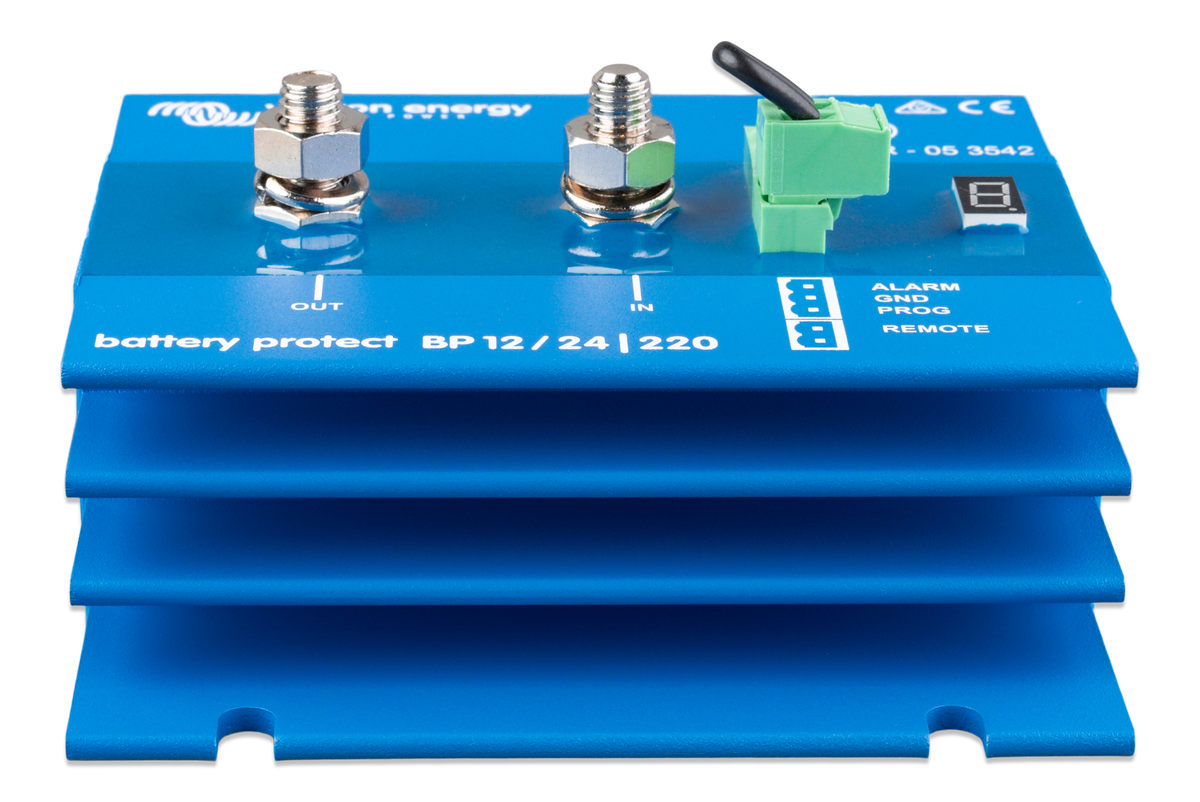 Victron BatteryProtect 12/24V 220A, low front view showing terminals