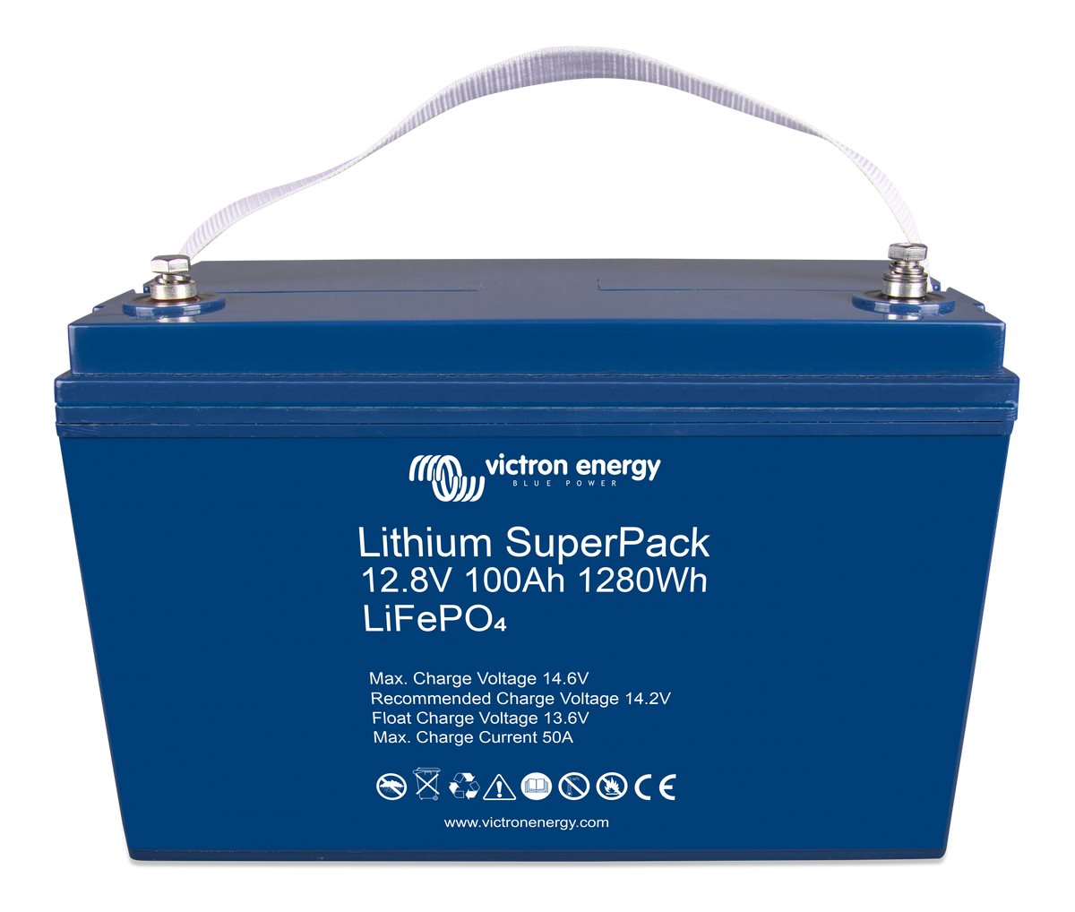 Victron Lithium SuperPack 12.8V 100Ah battery, angled front view showing M8 terminals