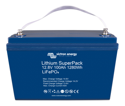 Victron Lithium SuperPack 12.8V 100Ah battery, angled front view showing M8 terminals