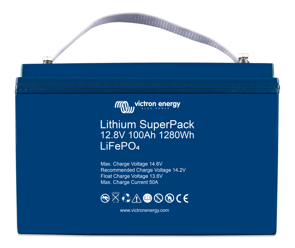 Victron Lithium SuperPack 12.8V 100Ah LiFePO4 battery, front view