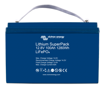 Victron Lithium SuperPack 12.8V 100Ah LiFePO4 battery, front view