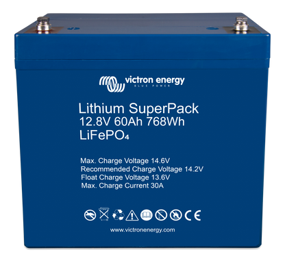 Victron Lithium SuperPack 12.8V 60Ah battery, angled front view showing terminals