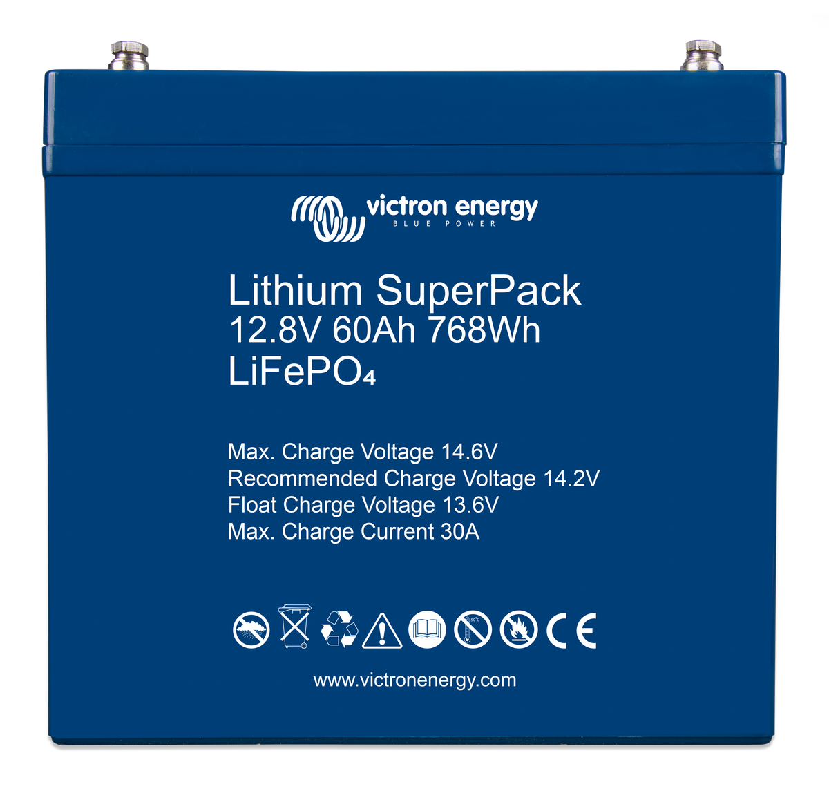 Victron Lithium SuperPack 12.8V 60Ah LiFePO4 battery, front view