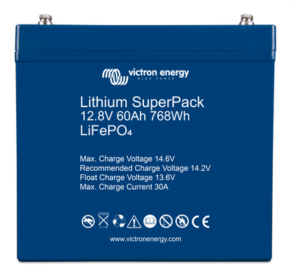 Victron Lithium SuperPack 12.8V 60Ah LiFePO4 battery, front view