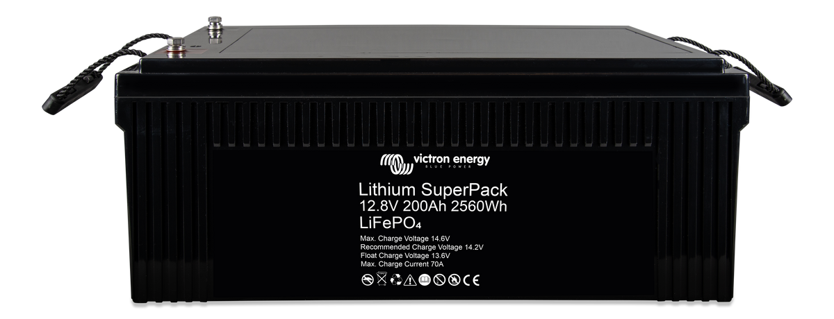 Victron Lithium SuperPack 12.8V 200Ah battery, angled front view showing M8 terminals