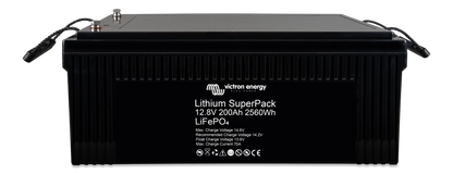 Victron Lithium SuperPack 12.8V 200Ah battery, angled front view showing M8 terminals