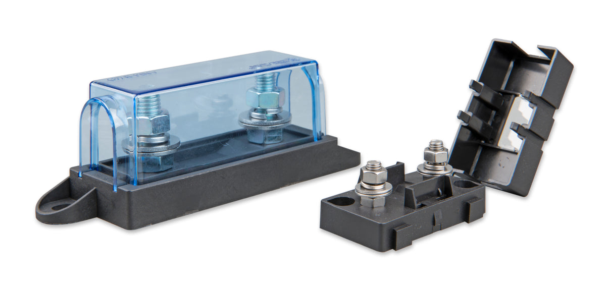 Victron MEGA fuse holder and MIDI fuse holder side by side for size comparison