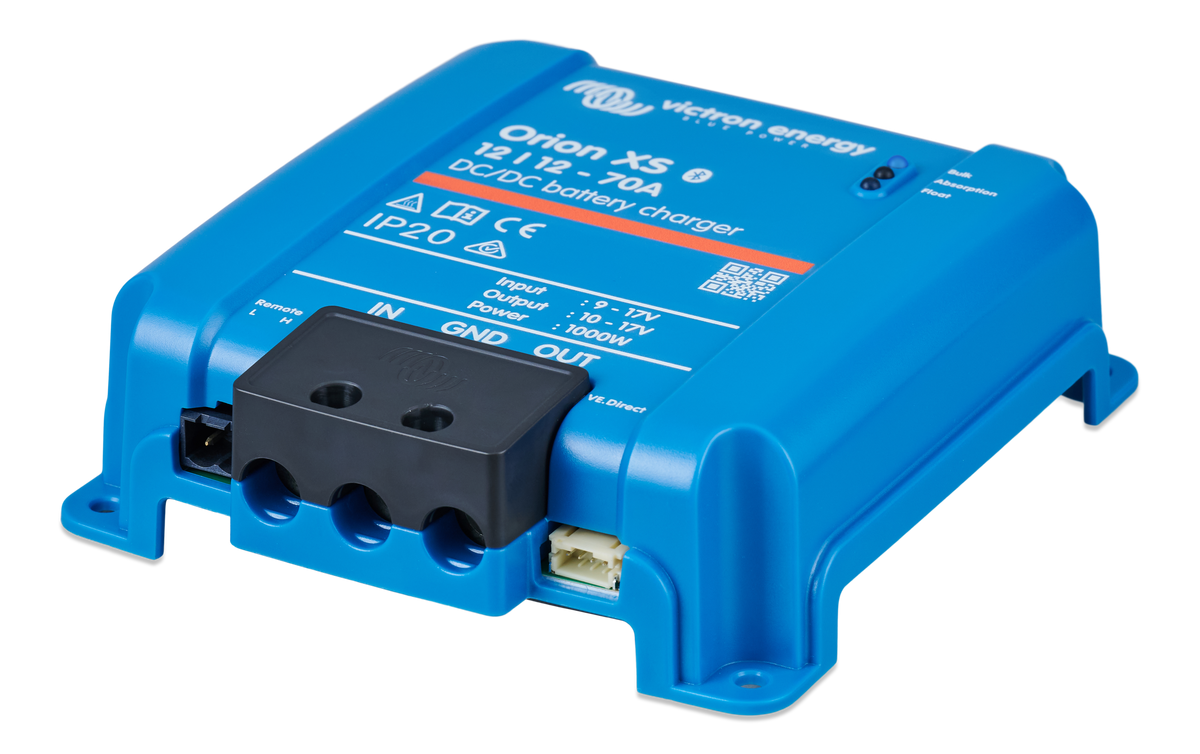 Victron Orion XS 12/12-70A DC-DC battery charger, left side showing terminals