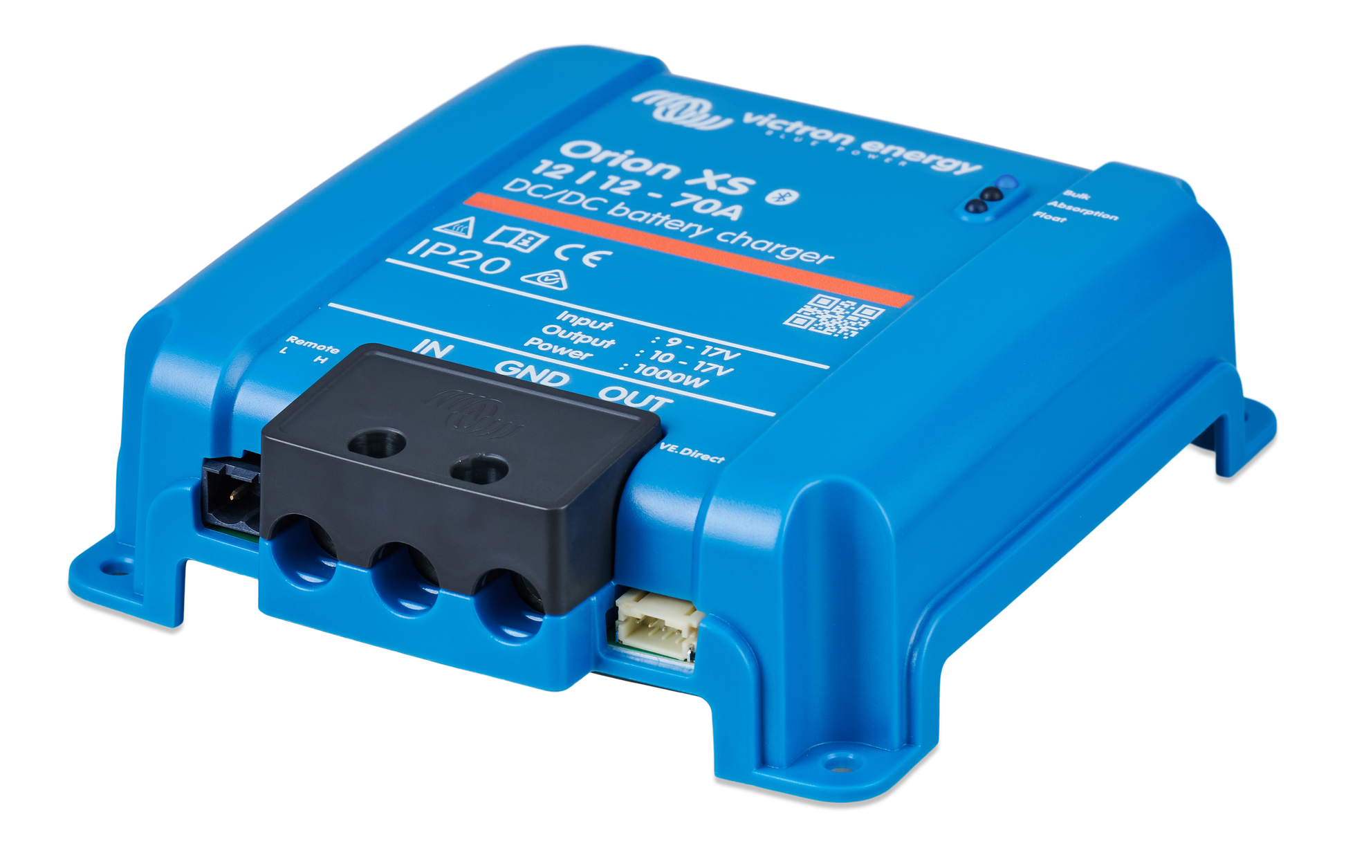 Victron Orion XS 12/12-70A DC-DC battery charger, left side showing terminals