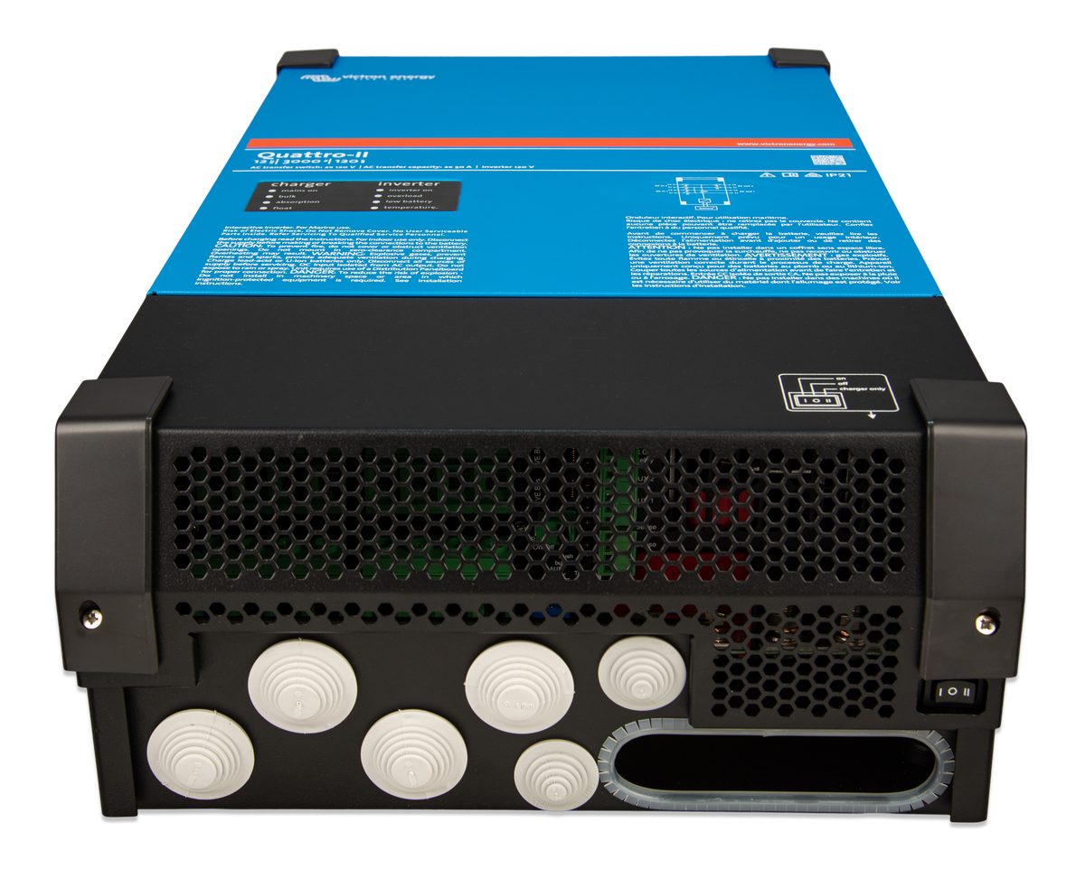Victron Quattro-II 2x 120V inverter/charger, angled front view