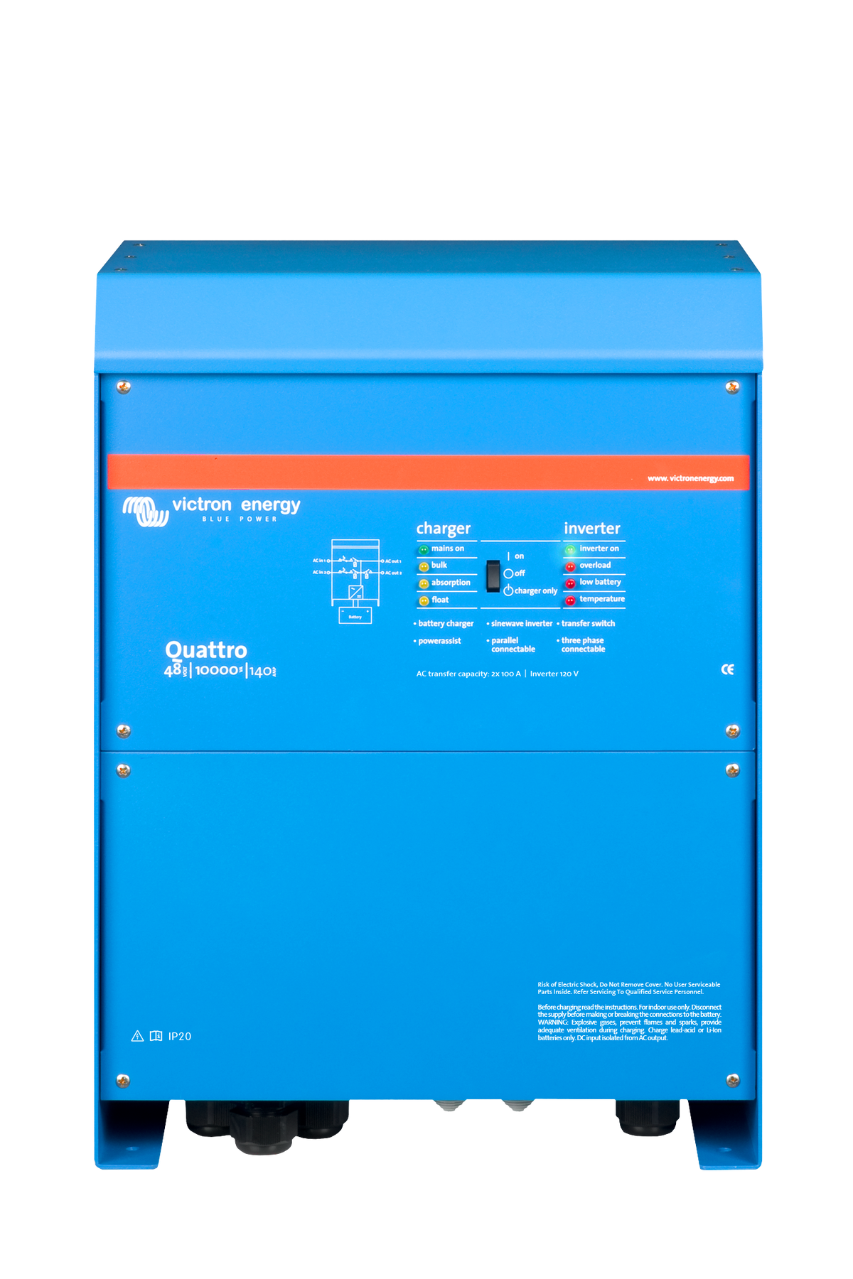 Victron Quattro 48/10000/140-100/100 120V inverter/charger, front view