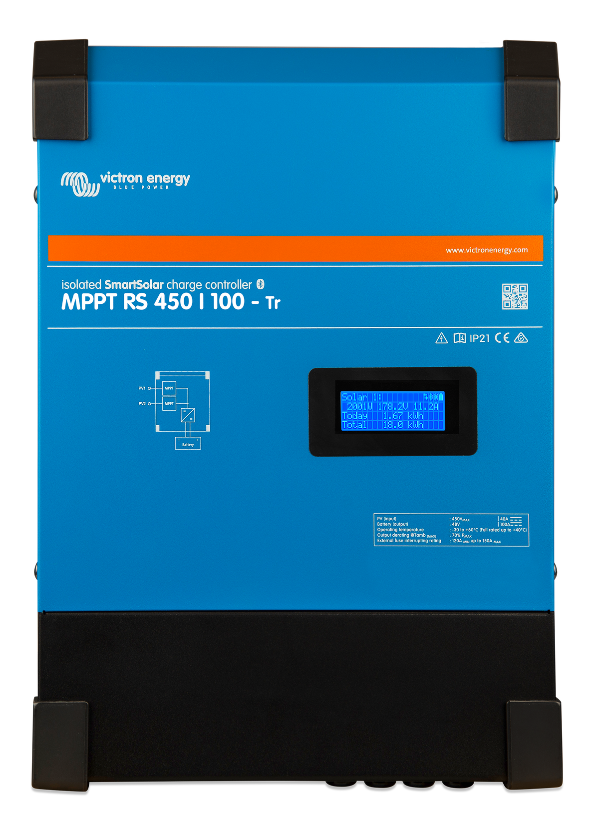Victron SmartSolar MPPT RS 450/100-Tr solar charge controller, front view