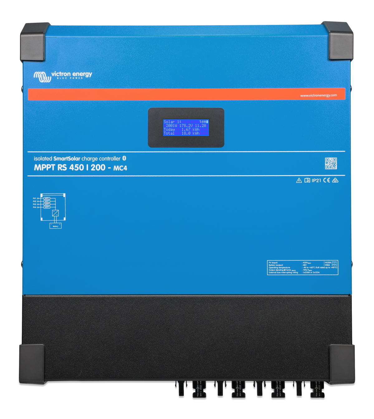 Victron SmartSolar MPPT RS 450/200-MC4 dual-tracker solar charge controller, front view