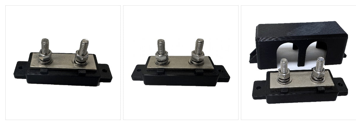 Jonsson Tech BB250-2 | 250A 58VDC Busbar — 2 × M8 Posts, 150 mm² Nickel-Plated Copper, V-0 Cover